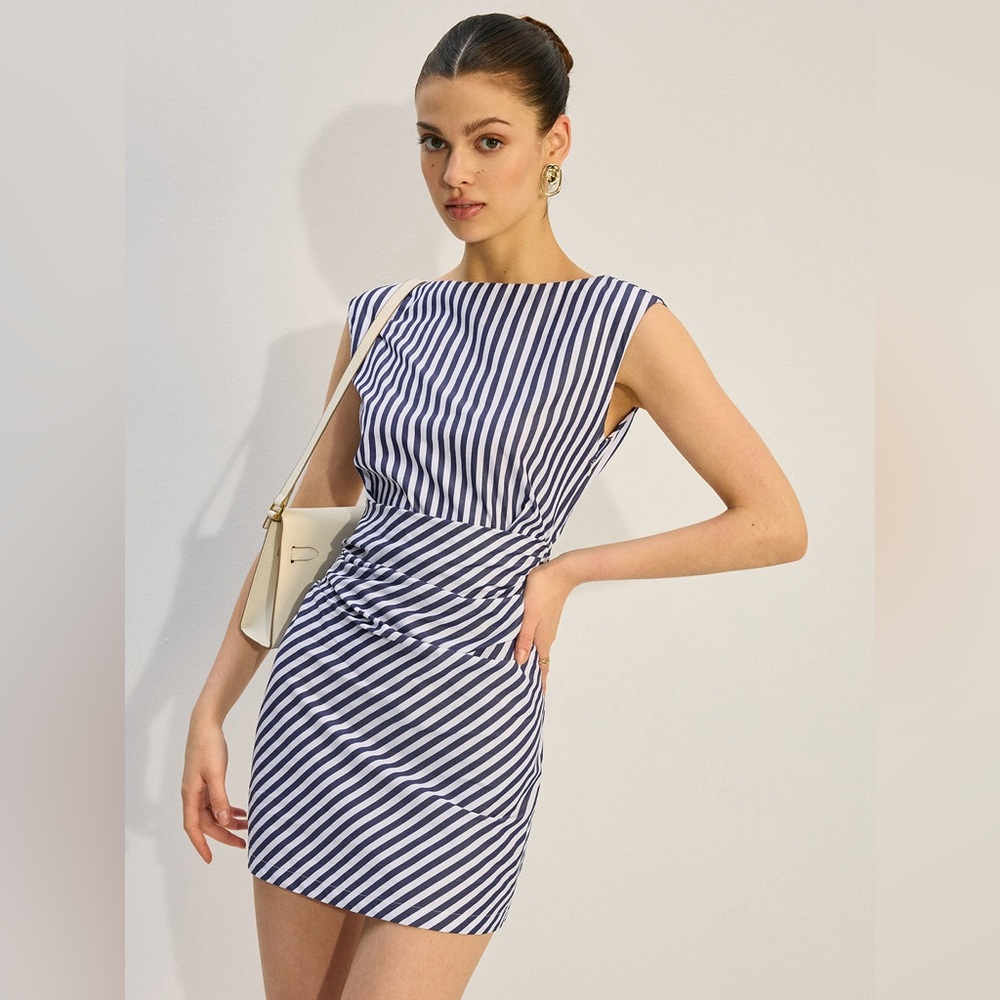 Commense Navy and White Striped Mini Dress